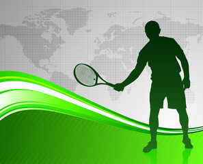 Tennis Player on Green Abstract Background with World Map