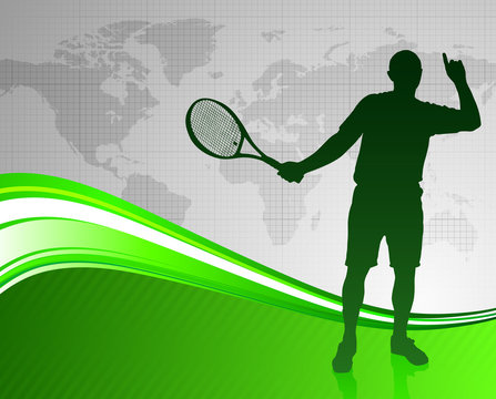 Tennis Player on Green Abstract Background with World Map