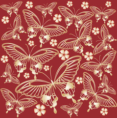 red background with gold butterflies