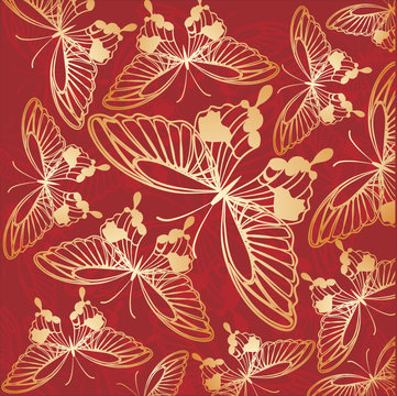 red background with gold butterflies