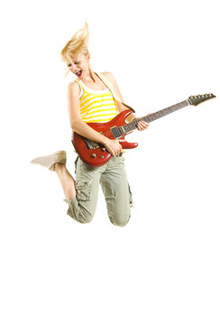 woman guitarist jumps