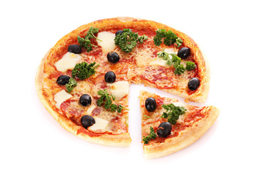 Pizza with olives isolated on white
