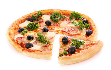 Pizza with olives isolated on white