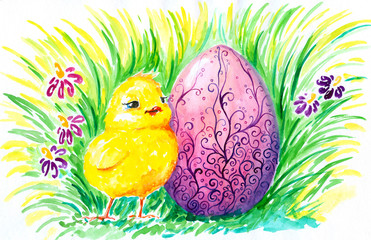Easter egg and chicken watercolor painted-my own art work.