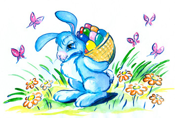 Easter bunny with basked eggs ,watercolor -painted  myself.