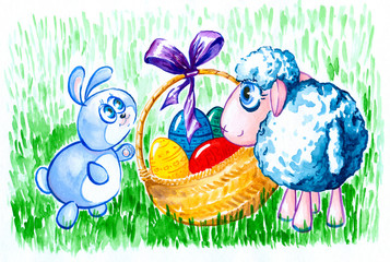 Bunny and sheep with easter eggs.My own watercolor painting.