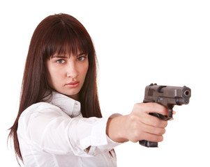 Beautiful young woman with gun. Isolated.