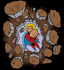 Foto op Plexiglas Superhelden Superheld die door de muur stoot