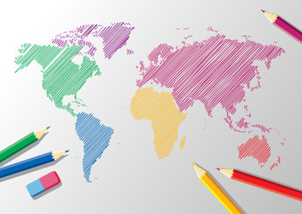 Obraz premium sketch of a world map with pencils and eraser