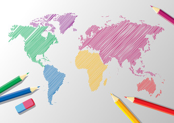 sketch of a world map with pencils and eraser