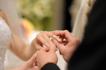 Groom putting a ring on bride's finger