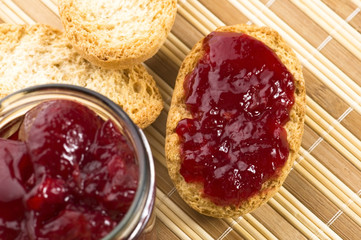 Breakfast of cherry jam on toast