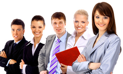 businesswoman and his team isolated over a white background.