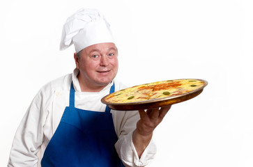 Portrait of happy attractive cook with pizza