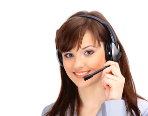 Young and smiling operator isolated over white background.