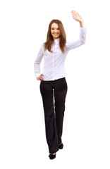 Young happy businesswoman, isolated on white.