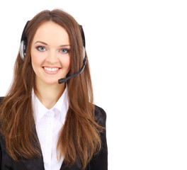 Woman wearing headset in office; could be receptionist..