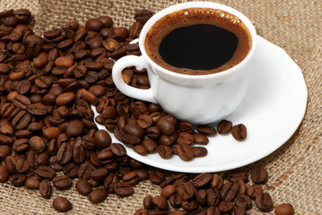 Coffee cup close-up over dark roasted coffee beans