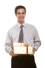 Businessman holding a gift