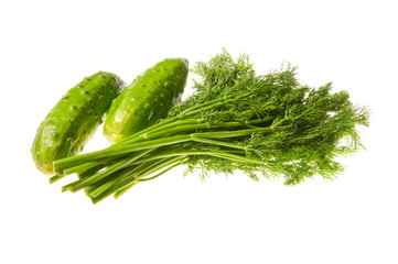 Fresh green dill and cucumber isolated on white background