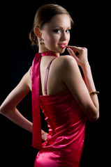 woman in a red dress