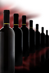 Bottles of precious red wine in a row. Copyspace.