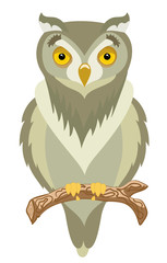 Clever and wild brown owl sits on branch