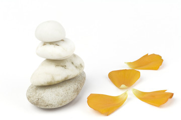 Fototapeta na wymiar wellness and spa: petalss,pebbles stack, zen still life, isolate