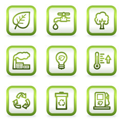 Eco web icons set 1, square buttons, green contour