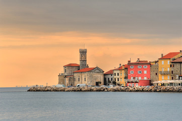 Punta church on the end of a cape in ancient slovenian city Piran at dsk