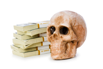 Concept of death and money with skull and dollars