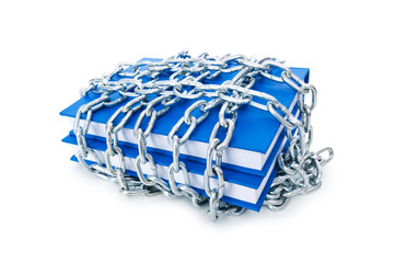 Censorship concept with books and chains on white