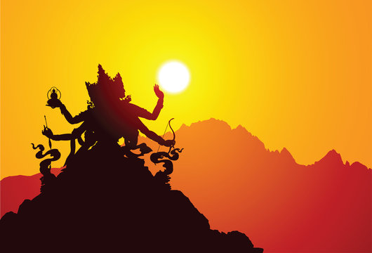 silhouette Tibetan Goddess with mountains on the background.