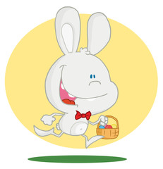 Happy bunny running with easter eggs in a basket