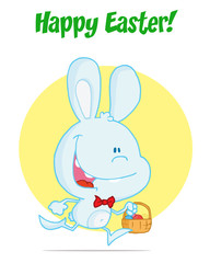 Blue bunny running with easter eggs in a basket