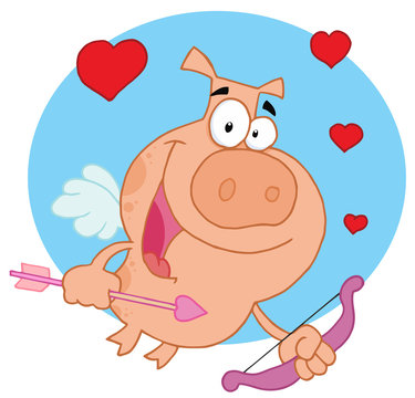 Cupid pig flying with hearts in blue circle