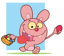 Happy easter rabbit running and holding up an egg