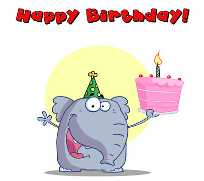 Happy Elephant Holds Birthday Cake