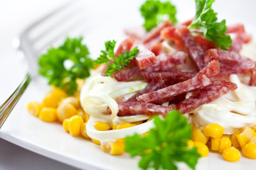 Salami salad with sweetcorn