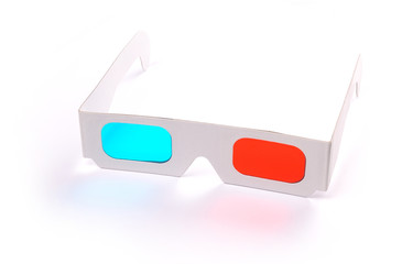a pair of paper 3D red cyan anaglyph glasses
