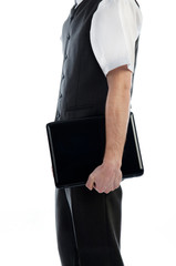 Businessman holding  a laptop