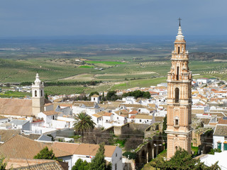 Aerial view of Estepa, Andalucia with the tower of Victory