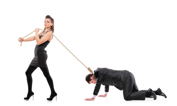 A woman torturing her boyfriend isolated on white