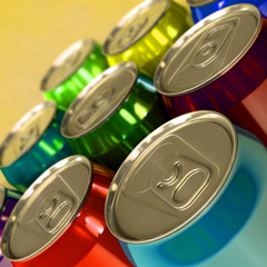 colorful aluminum soda cans with soft boke effect