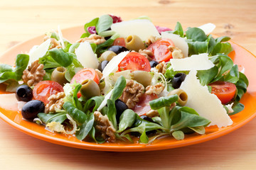 Fresh salad  topped with delicate shavings of parmesan