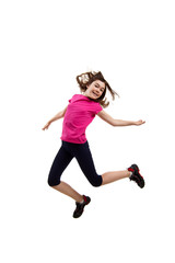 Girl jumping isolated on white background