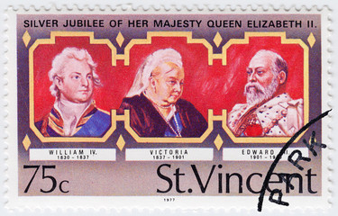 stamp shows UK Kings and Queen