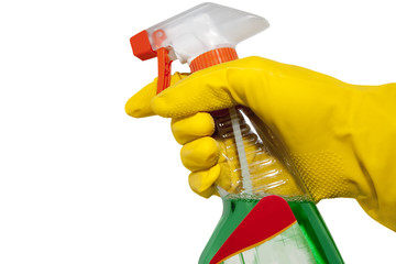 yellow-gloved hand holding hygiene cleaner on a white background