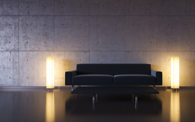 Minimalism: black couch and two lights by the wall