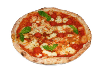 Pizza with mozzarella, cherry and basil on a white